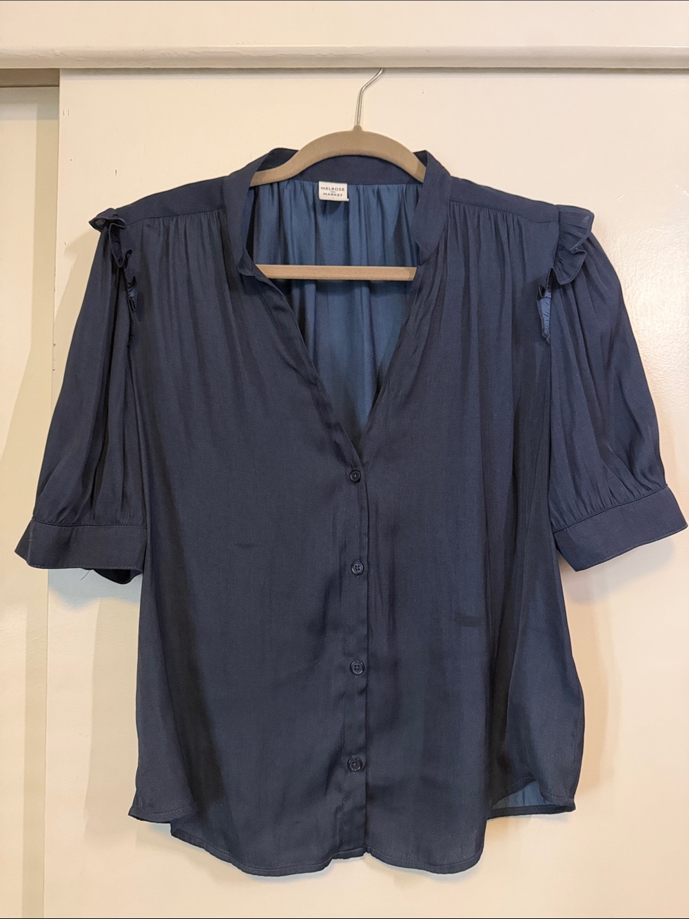 Melrose and Market Navy Button-Front Ruffle Shoulder Blouse